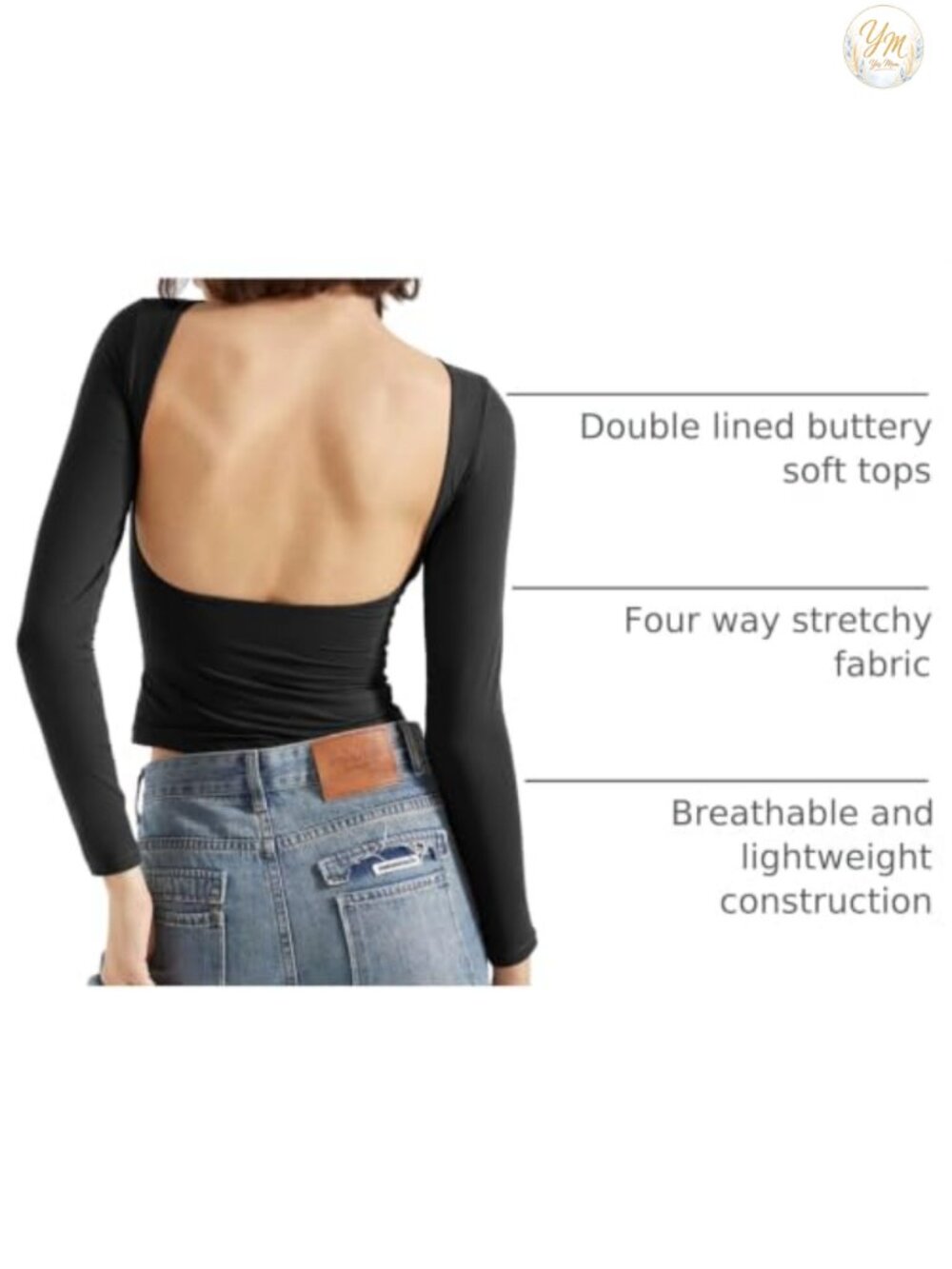 Double Lined Backless Going Out Top Long Sleeve Boat Neck Fitted Tee - Picture 3 of 6